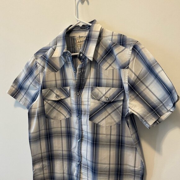 For Him U.K. blue white Plaid button up Shirt short sleeve Size L - Picture 4 of 7
